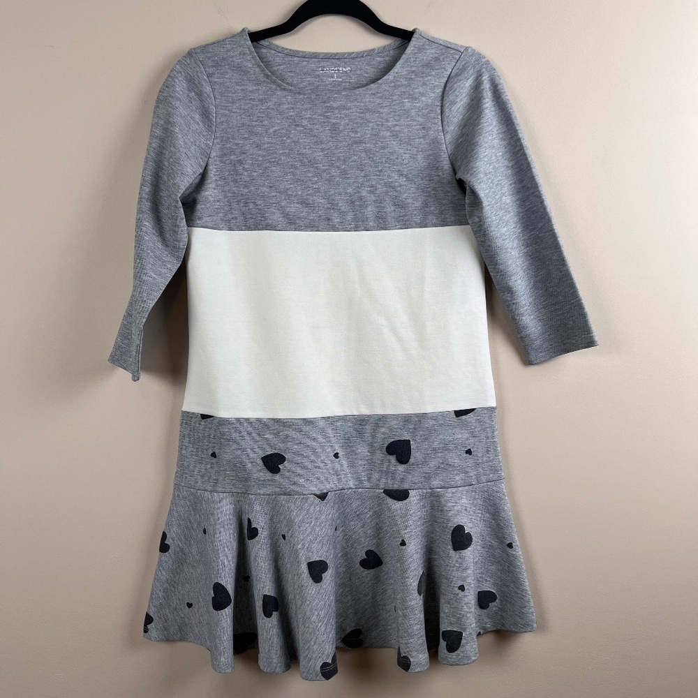 Lands’ End Grey Cream Black Heart Pattern Dress Girls Large